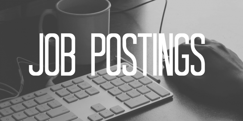 hand on a mouse with a keyboard and a cup of coffee next to it with the words Job Postings across the image